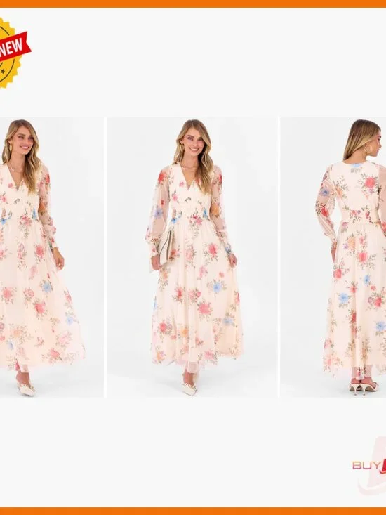 Floral Maxi Dress V Neck Puff Sleeve Long Sleeve Flowy Tulle Wedding Guest - Picture 7 of 7